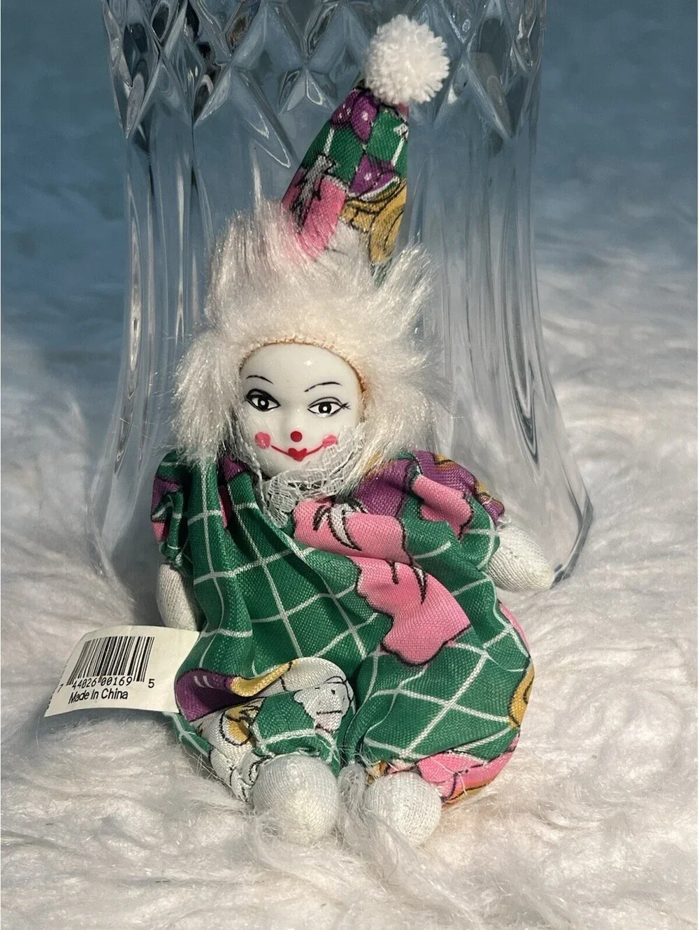Vintage Porcelain Clown Dolls Sand Bag: Green Outfit & White Hair